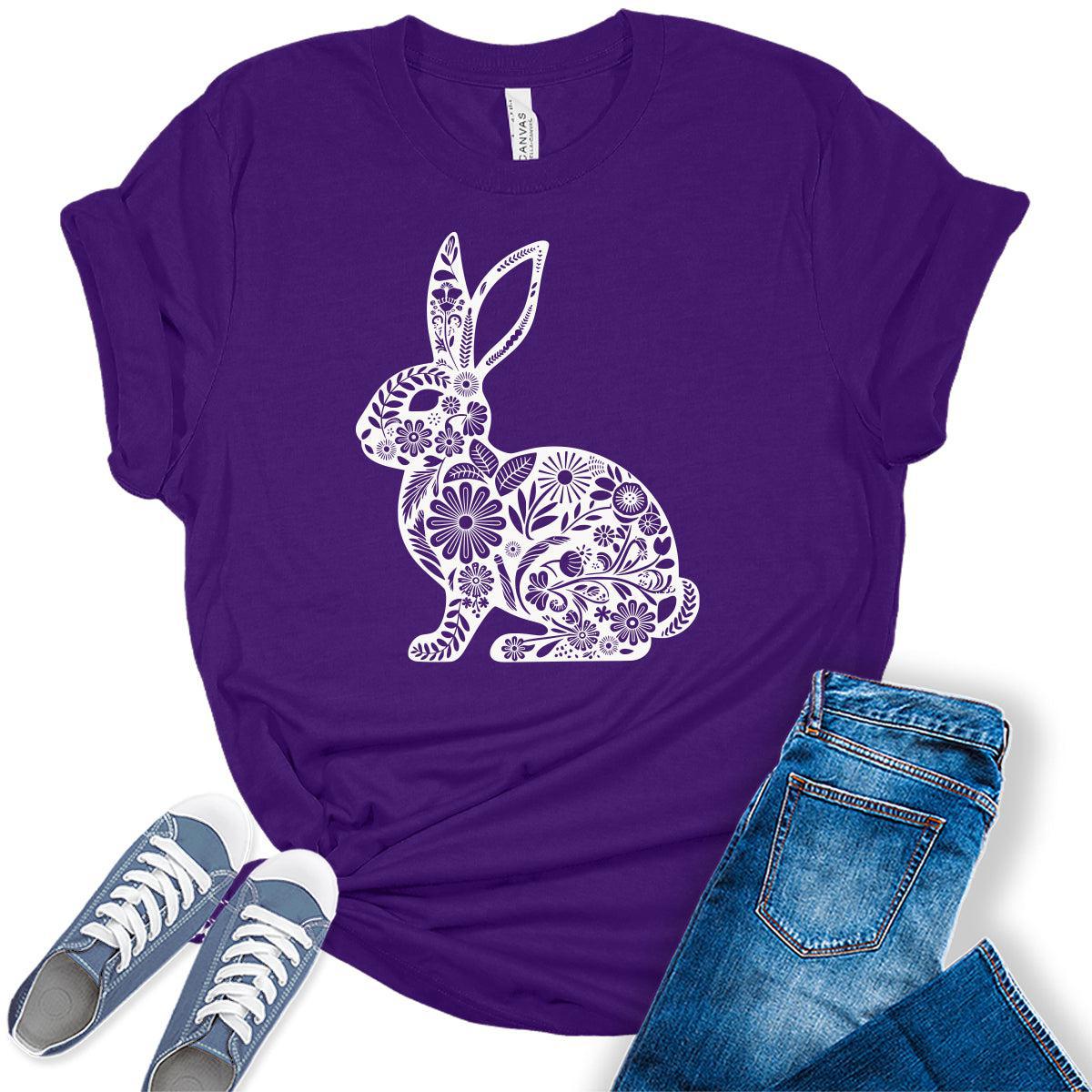 Easter Shirts for Women Cute Floral Bunny Casual Graphic Tees Bella Plus Sized Tops