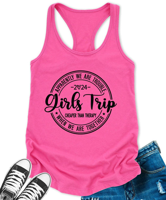 Girls Trip 2024 Racerback Tank Top for Women Cheaper Than Therapy Letter Print Sleeveless Summer Tops