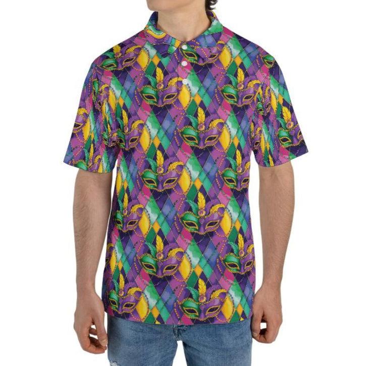 Mardi Gras Polo Shirts for Men Mask Party Shirt Moisture Wicking Short Sleeve Golf Shirt