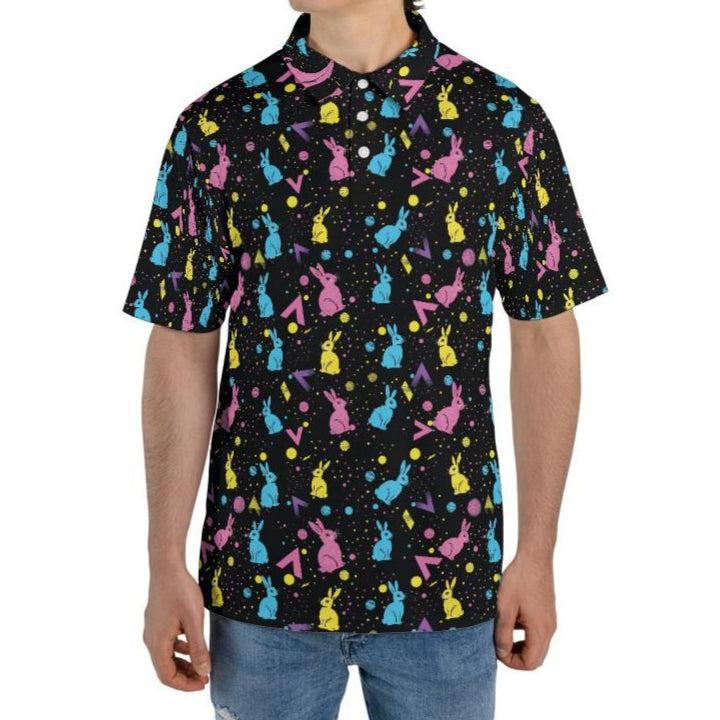 Easter Polo Golf Shirt for Men Neon Bunny Retro 80s Print Moisture Wicking Short Sleeve Top