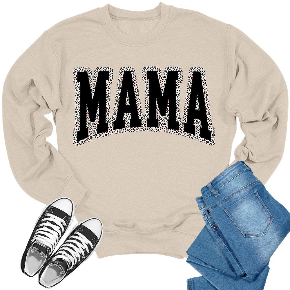 Mama Sweatshirt for Women Long Sleeve Leopard Letter Print Graphic Crewnecks