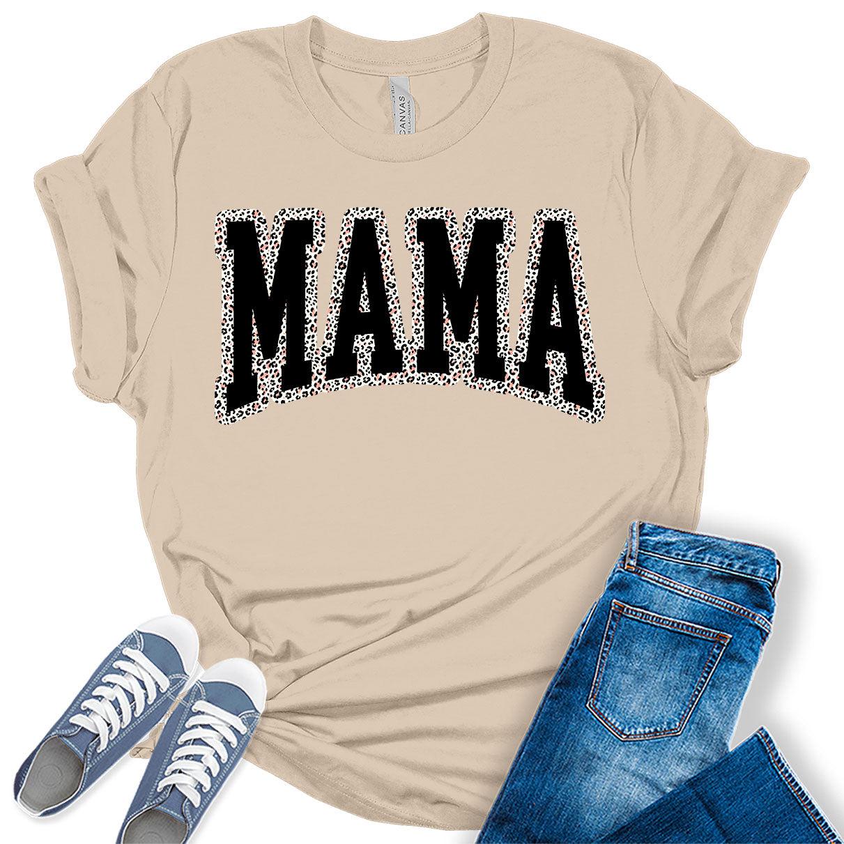 Mama Shirt Leopard Letter Print T Shirt Short Sleeve Graphic Tees for Women