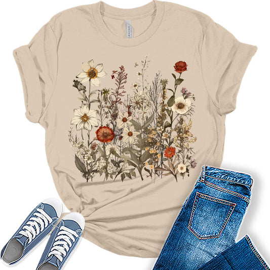 Boho Shirt Vintage Wildflower Floral Graphic Tees for Women Spring Summer Plus Size Shirts