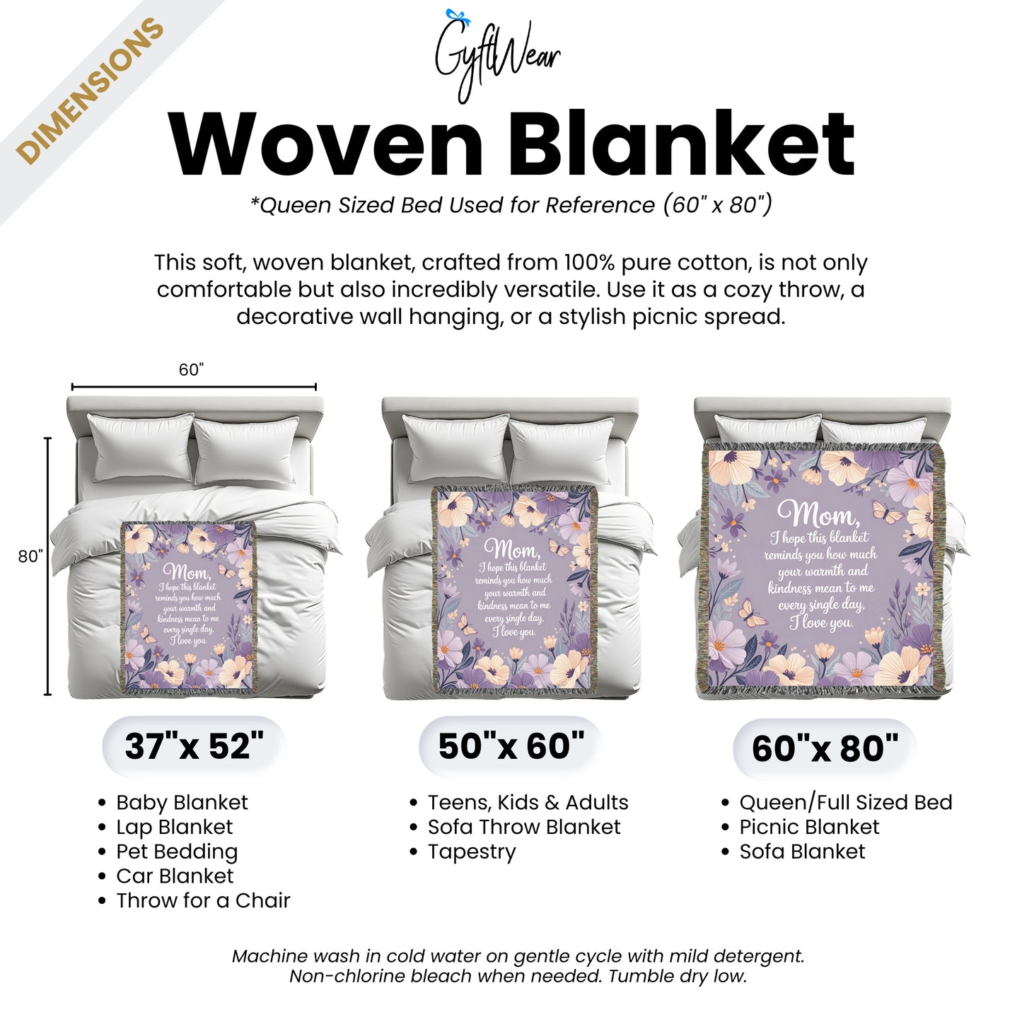Mom Love You Floral Gift for Mother's Day Gift Purple Woven Blanket - Ships Free