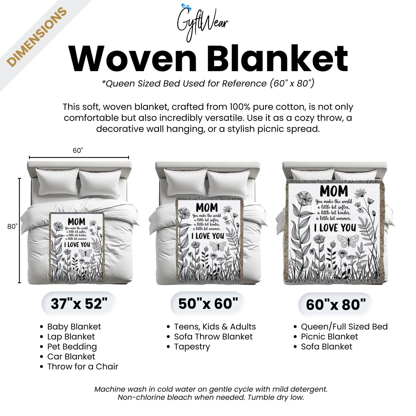 Mom Love You Floral Gift for Mother's Day Gift Woven Blanket - Ships Free