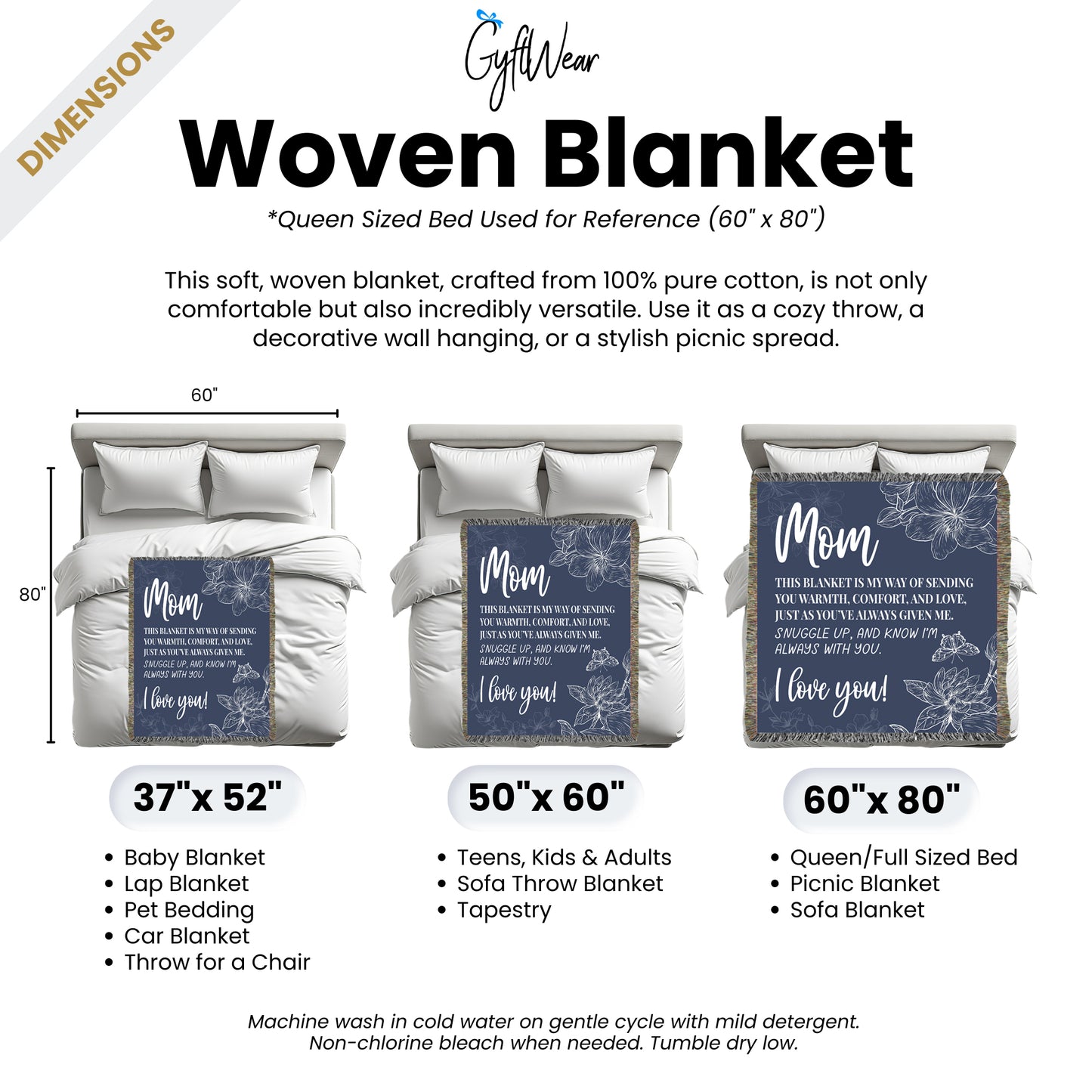Mom I Love You Floral Gift for Mothers Woven Jacquard Blanket