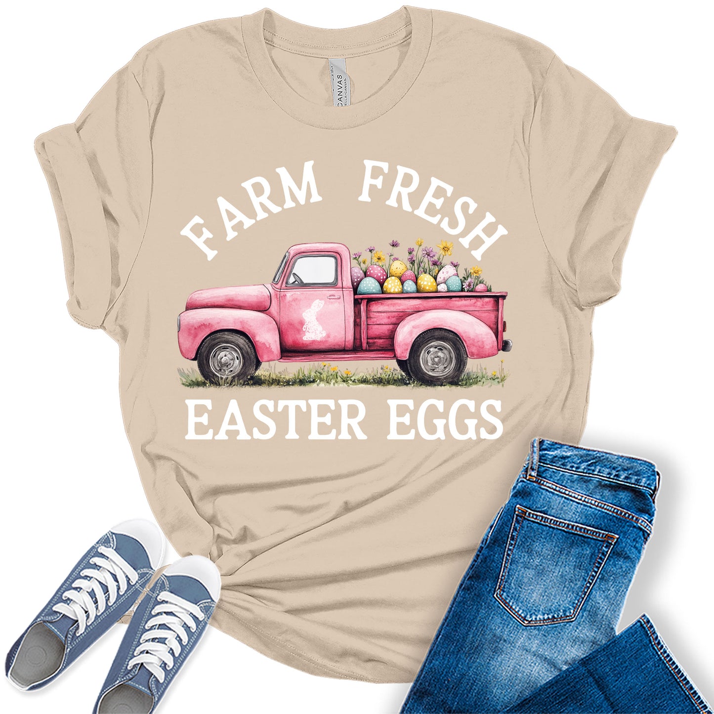 Women's Easter Shirts Farm Fresh Easter Eggs Truck Trendy Casual Graphic Tees Bella Plus Sized Tops