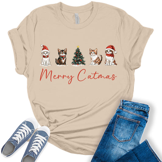 Women's Cute Santa Kittens Merry Catmas Christmas Graphic Tees