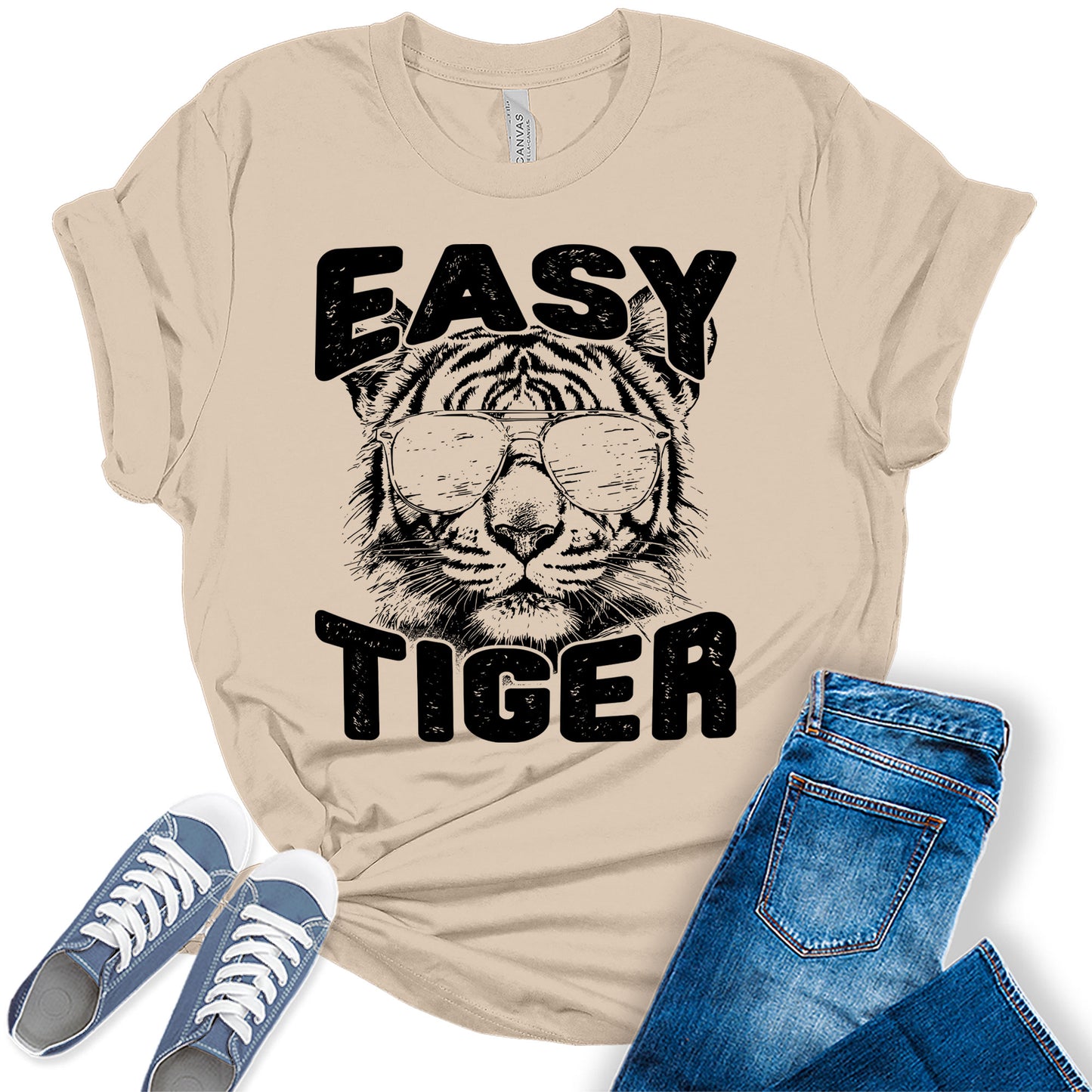 Women's Easy Tiger Shirt Funny Casual Graphic Tees Bella Plus Sized Tops