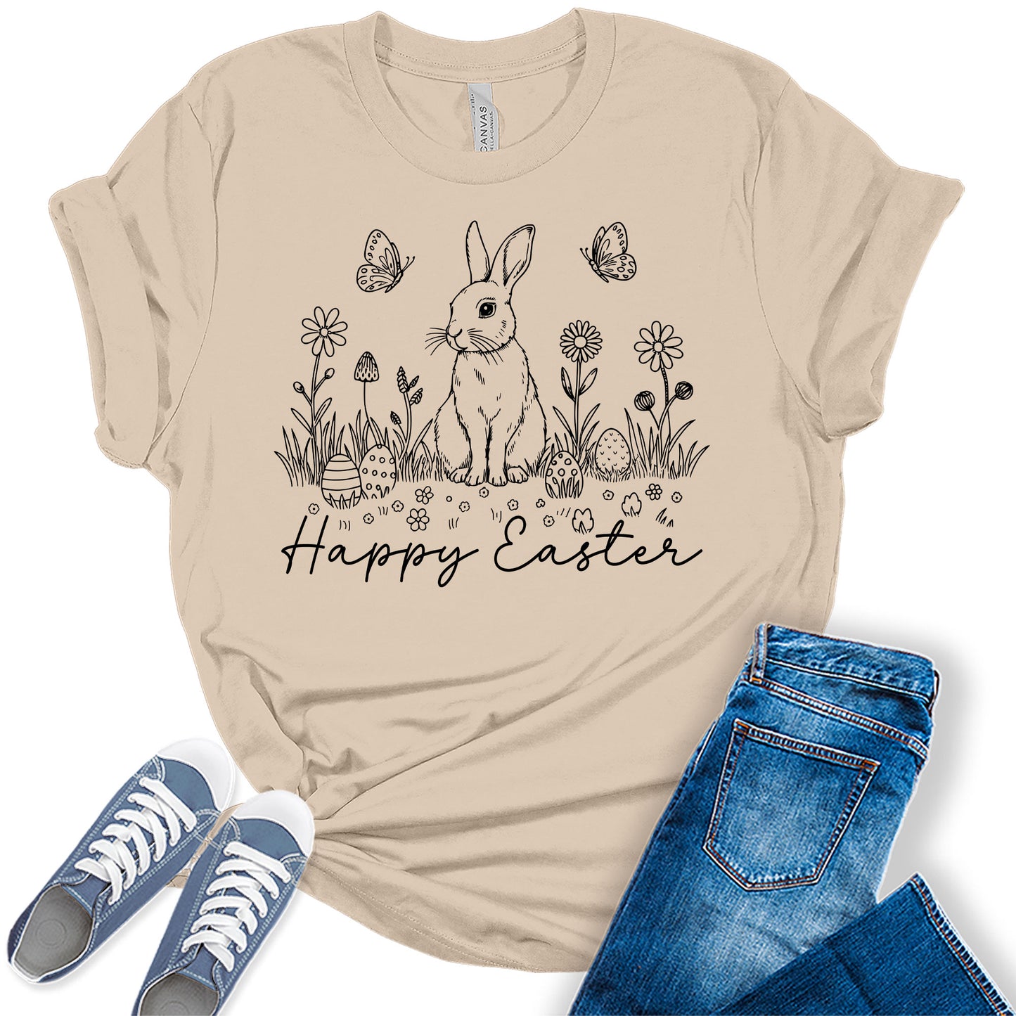 Women's Happy Easter Shirt Cute Trendy Casual Graphic Tees Bella Plus Sized Tops