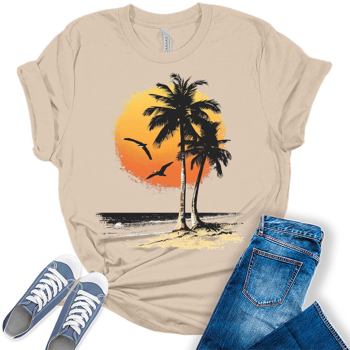 Beach Shirts for Women Palm Tree Sunset T Shirt Trendy Plus Size Summer Tops