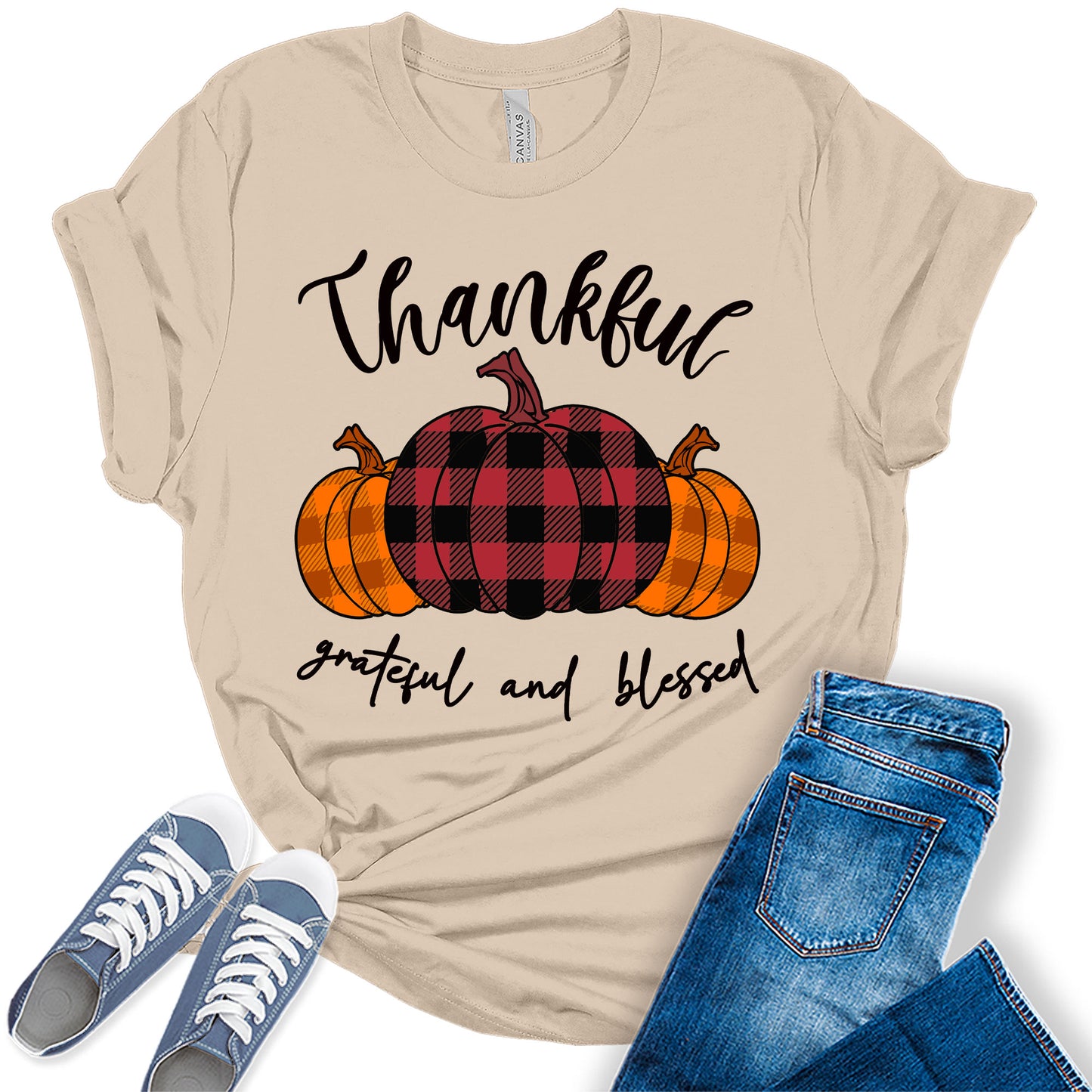 Thanksgiving Shirts for Women Graphic Tees Thankful Grateful Blessed Pumpkin T Shirt