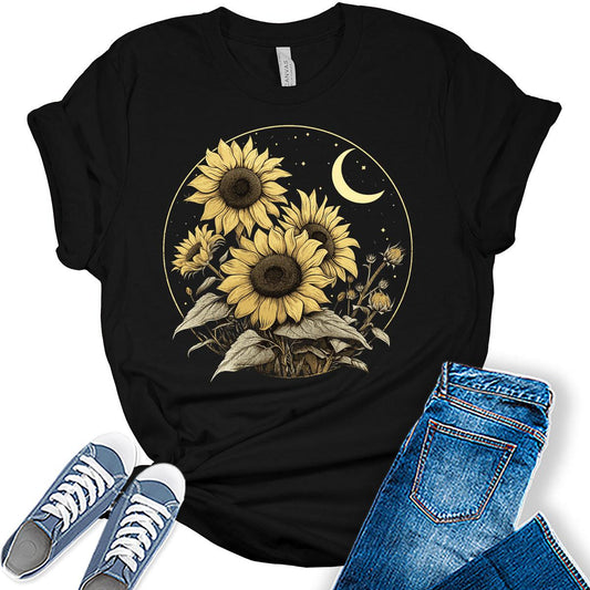Womens Sunflower Summer Shirts for Teens Trendy Floral Vintage Short Sleeve Tops