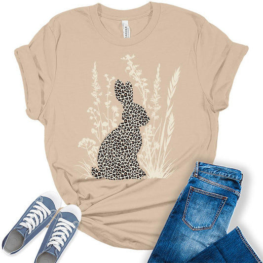 Bunny T Shirt Floral Easter Shirts for Women Leopard Print Plus Size Graphic Tees