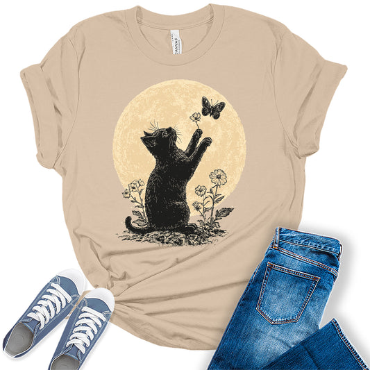 Women's Fall Shirt Black Cat Moon T Shirt Floral Butterfly Graphic Tees