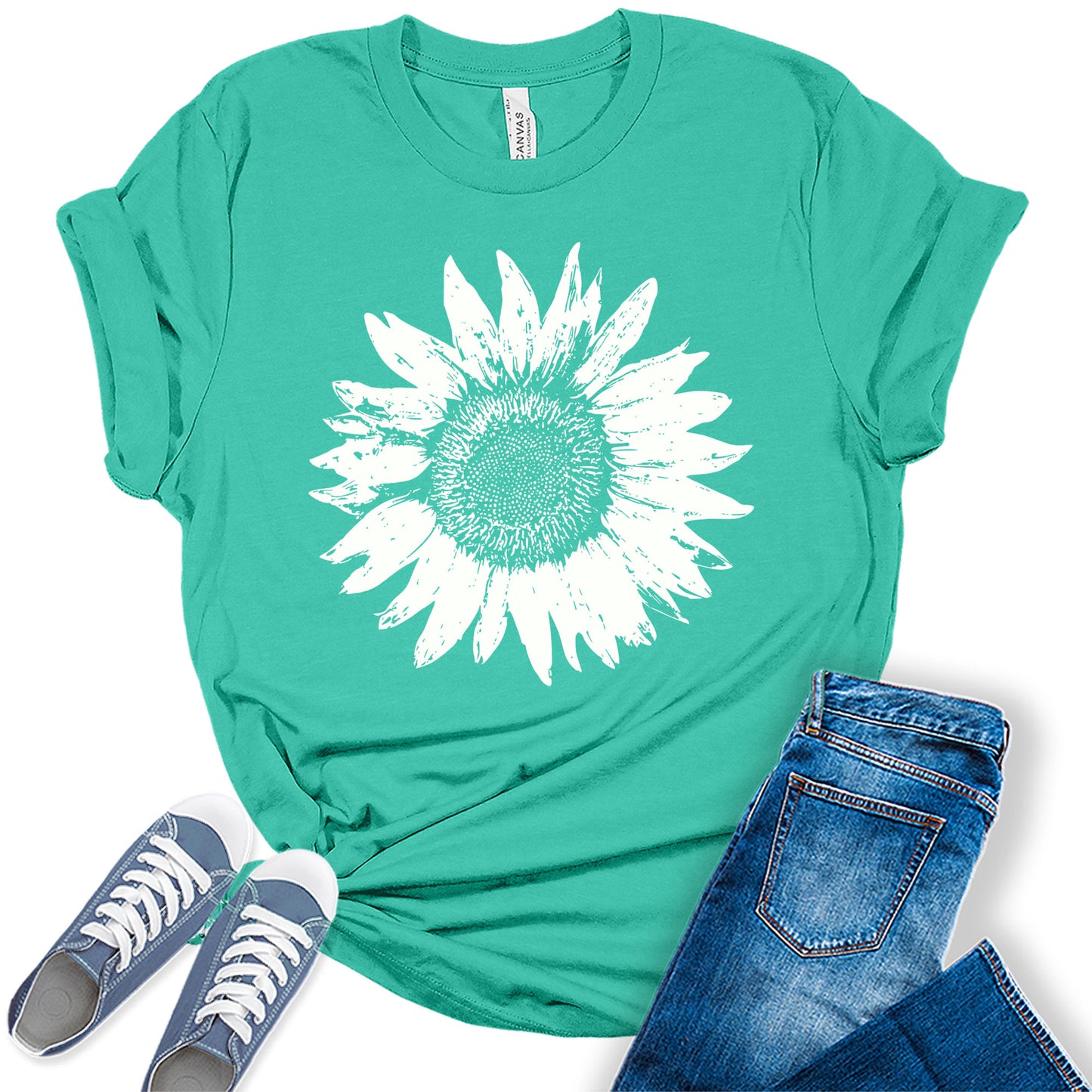 Women's Summer Short Sleeve Cute Sunflower Graphic Printed Tee Vintage T Shirt Cotton Tops Novelty Shirts