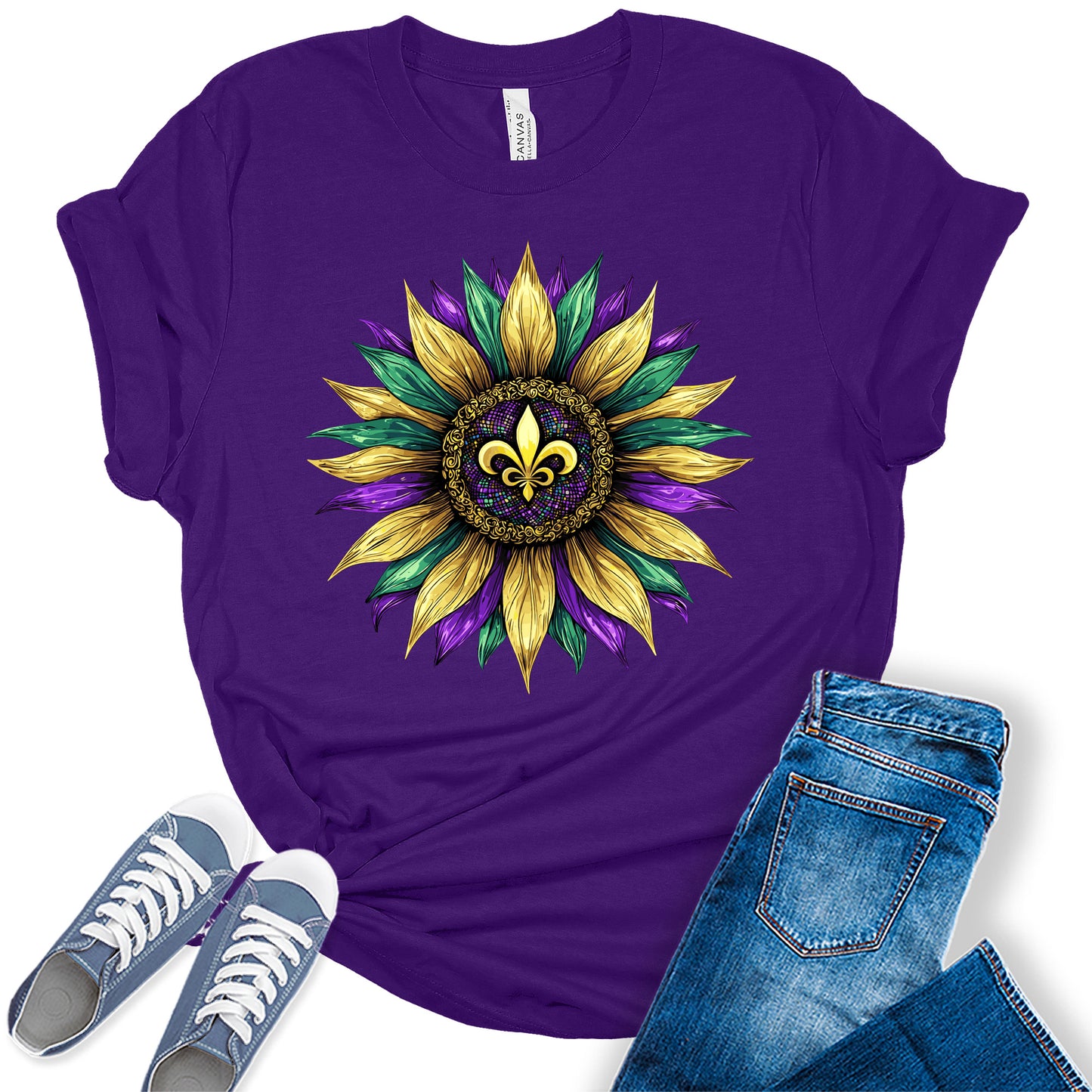 Women's Mardi Gras Shirt Cute Fleur De Lis Sunflower Graphic Tees