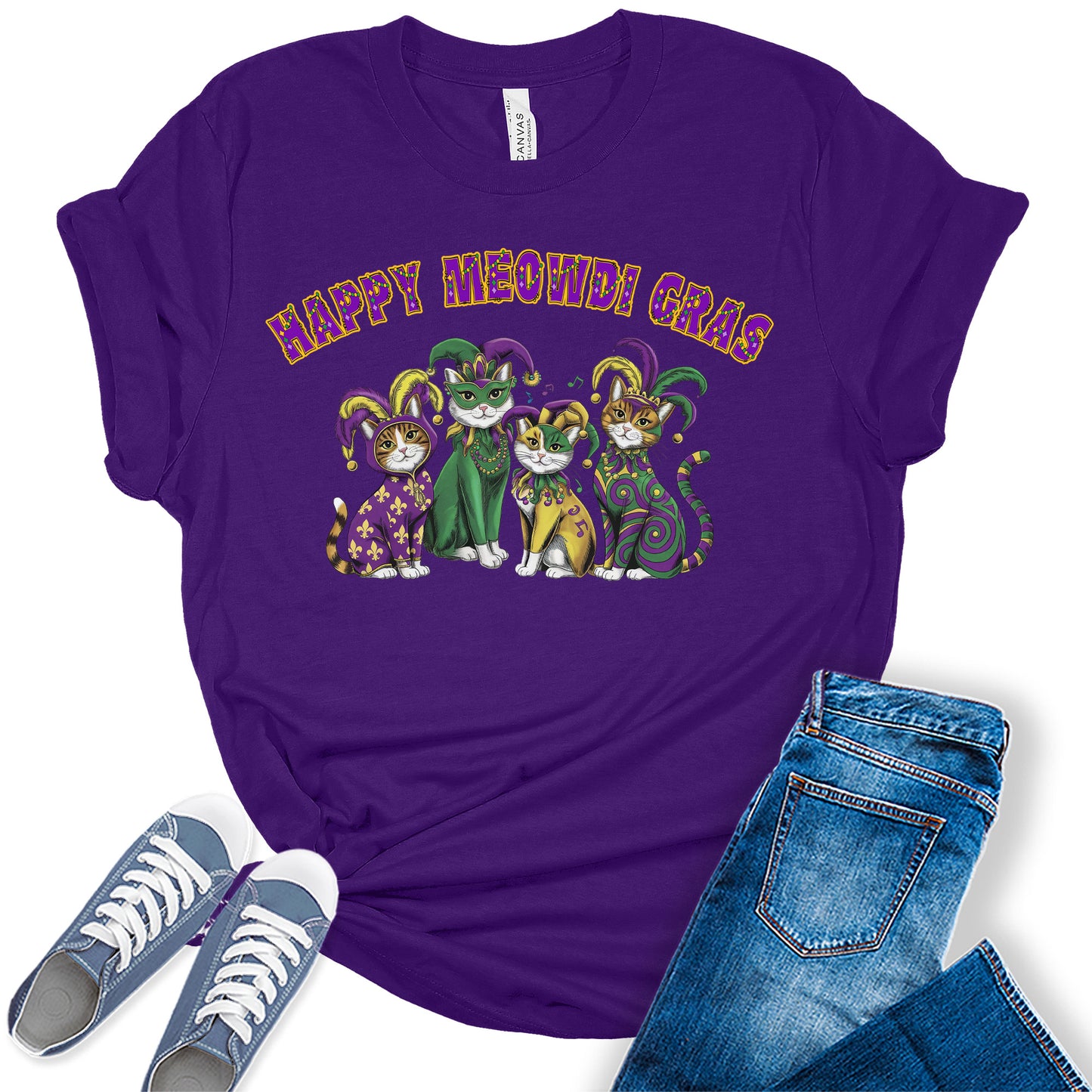 Women's Mardi Gras Shirt Happy Meowdi Gras Cute Cat Graphic Tees