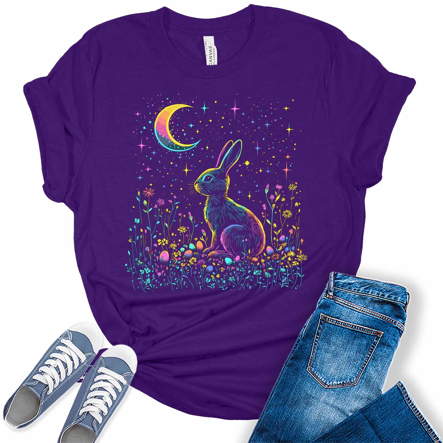Women's Floral Easter Bunny Egg Shirts Flower Moon And Stars Night Sky Graphic Tees