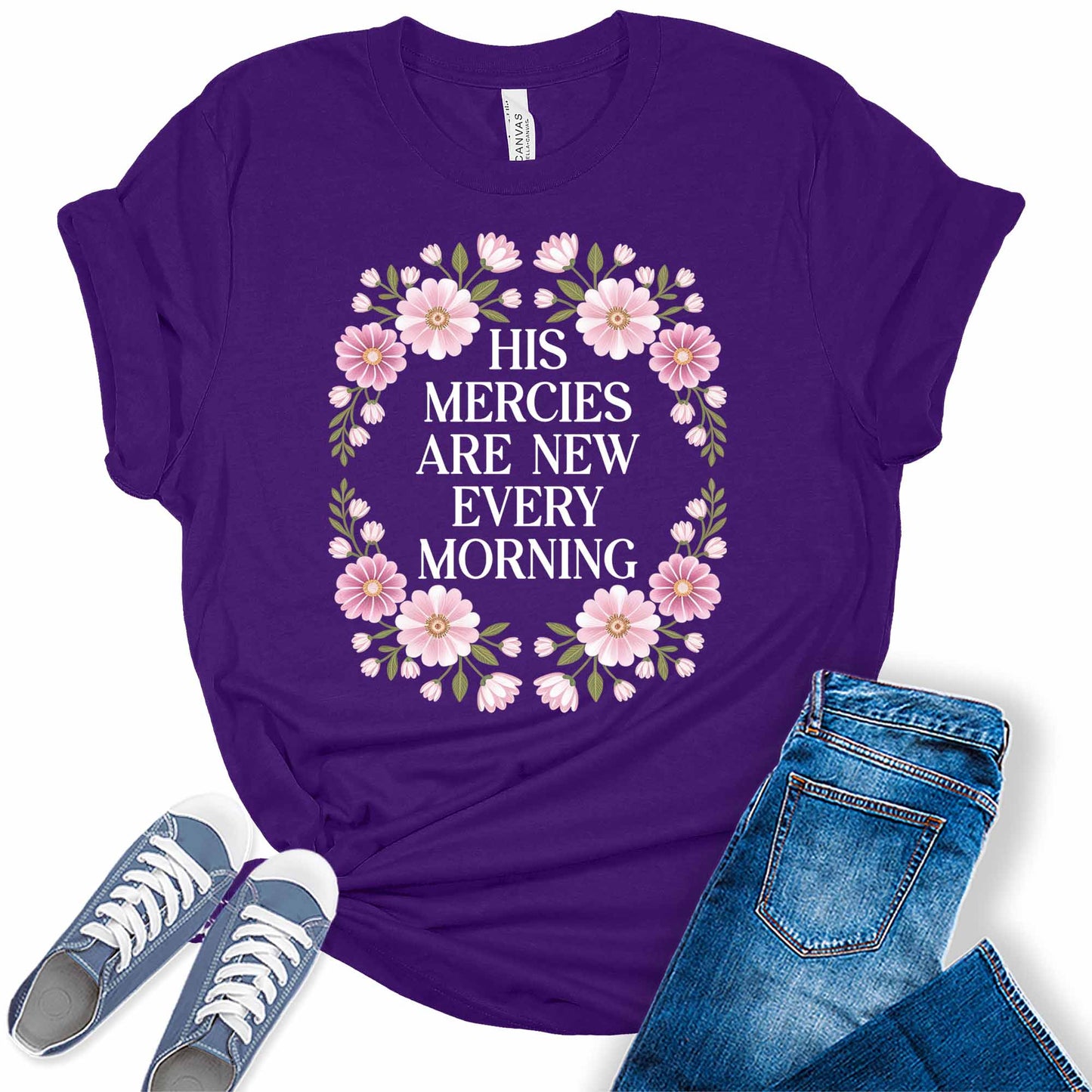 Women's His Mercies Are New Cute Trendy Faith Shirts Christian Casual Graphic Tees Bella Plus Sized Tops