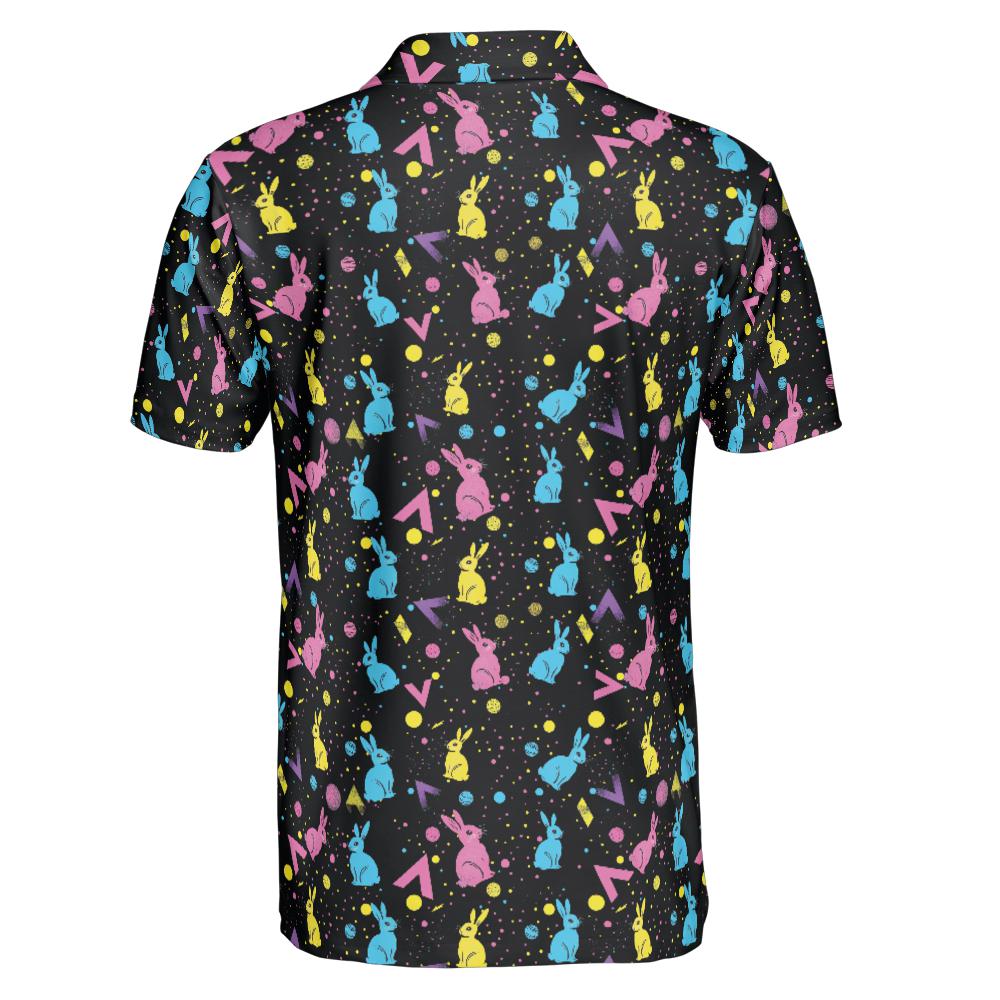 Easter Polo Golf Shirt for Men Neon Bunny Retro 80s Print Moisture Wicking Short Sleeve Top