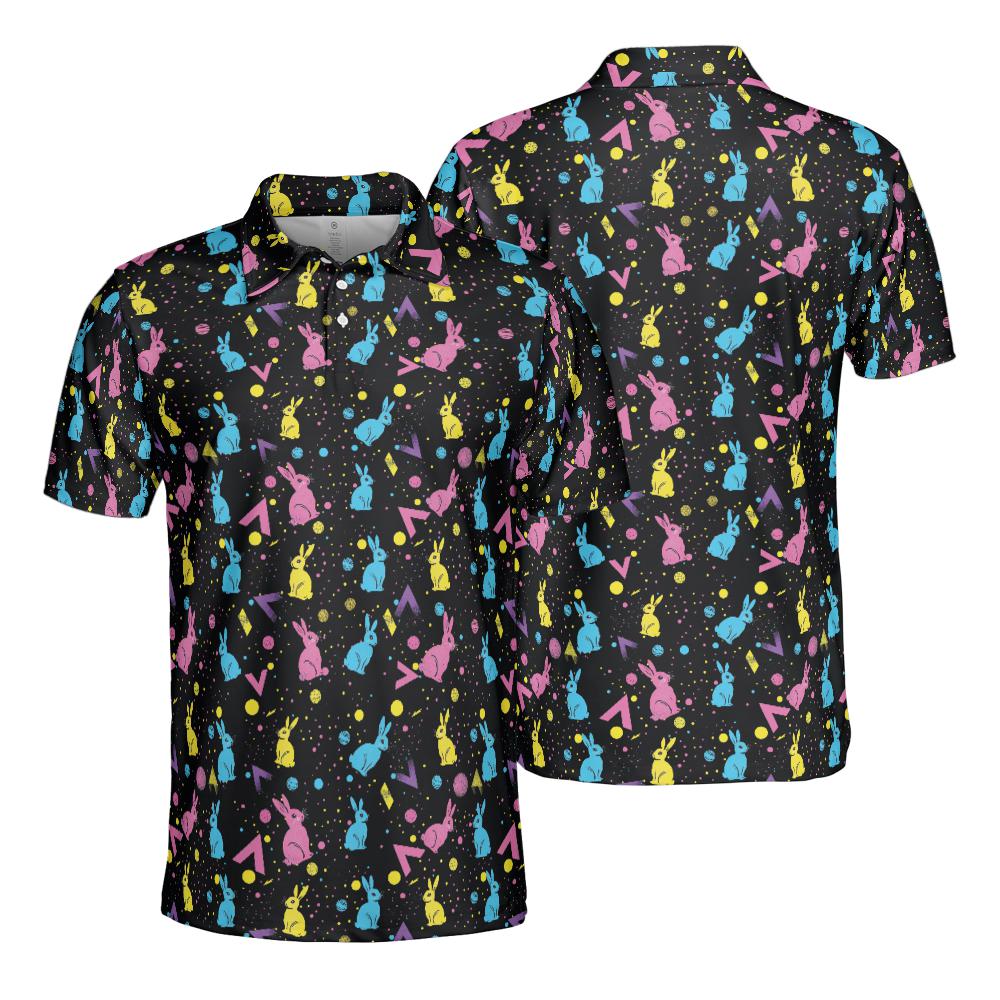 Easter Polo Golf Shirt for Men Neon Bunny Retro 80s Print Moisture Wicking Short Sleeve Top