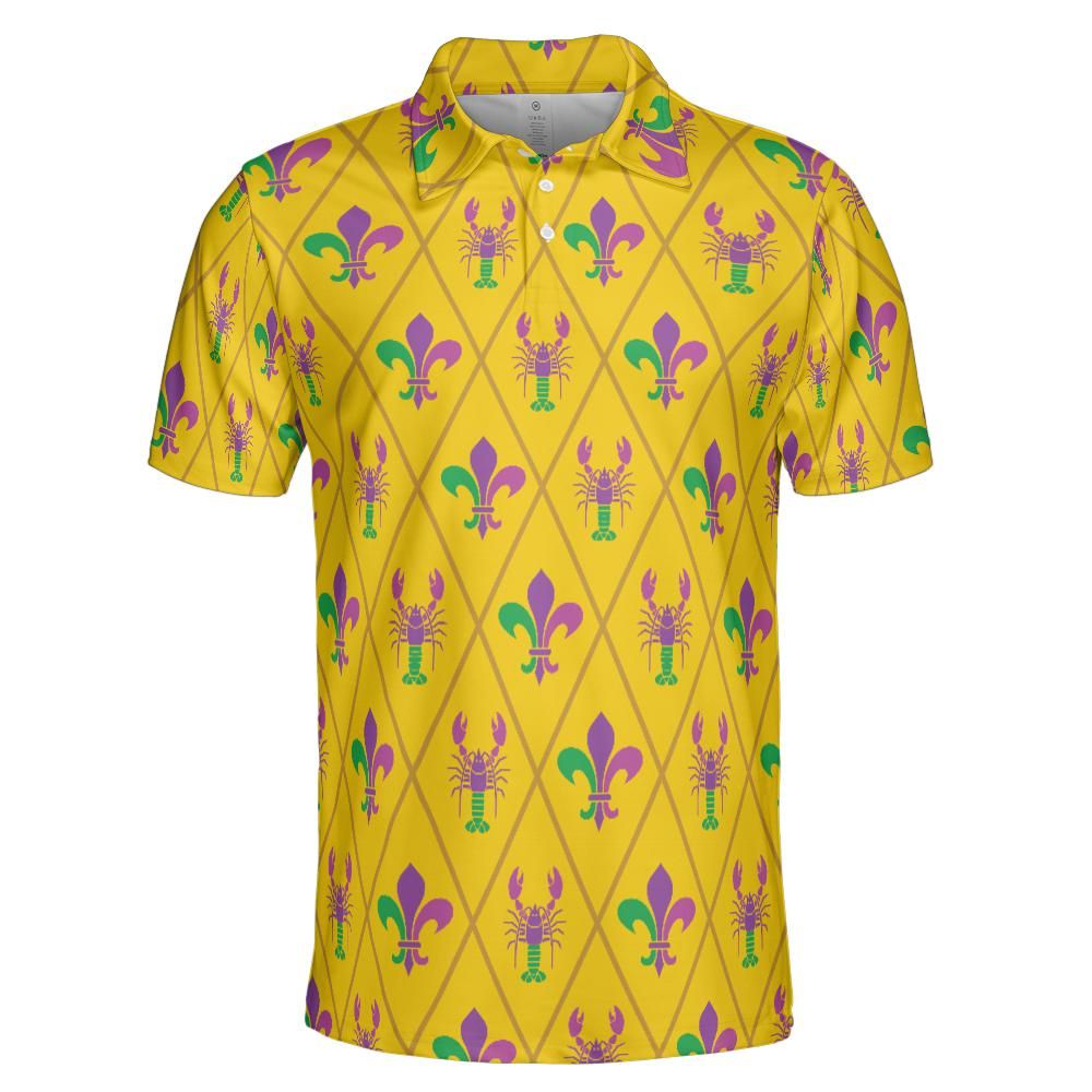 Mardi Gras Polo Shirts for Men Crawfish Moisture Wicking Short Sleeve Golf Shirt
