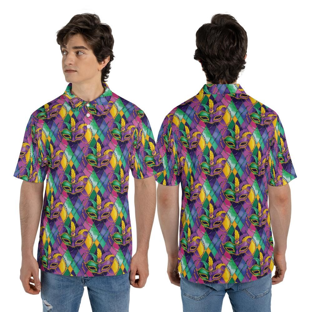 Mardi Gras Polo Shirts for Men Mask Party Shirt Moisture Wicking Short Sleeve Golf Shirt