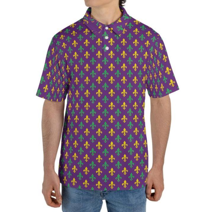 Mardi Gras Polo Shirts for Men Fleur De Lis Moisture Wicking Short Sleeve Golf Shirt