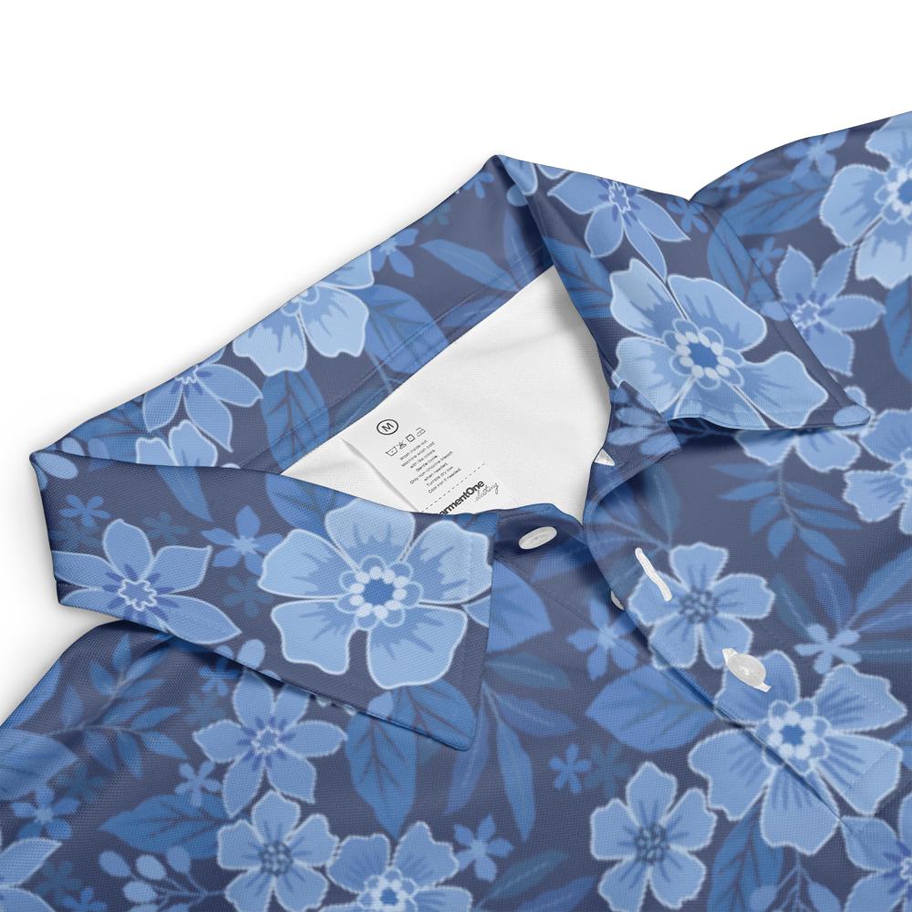 Blue Polo Golf Shirt for Men Floral Hawaiian Print Moisture Wicking Short Sleeve Top