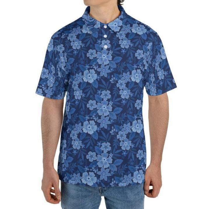 Blue Polo Golf Shirt for Men Floral Hawaiian Print Moisture Wicking Short Sleeve Top