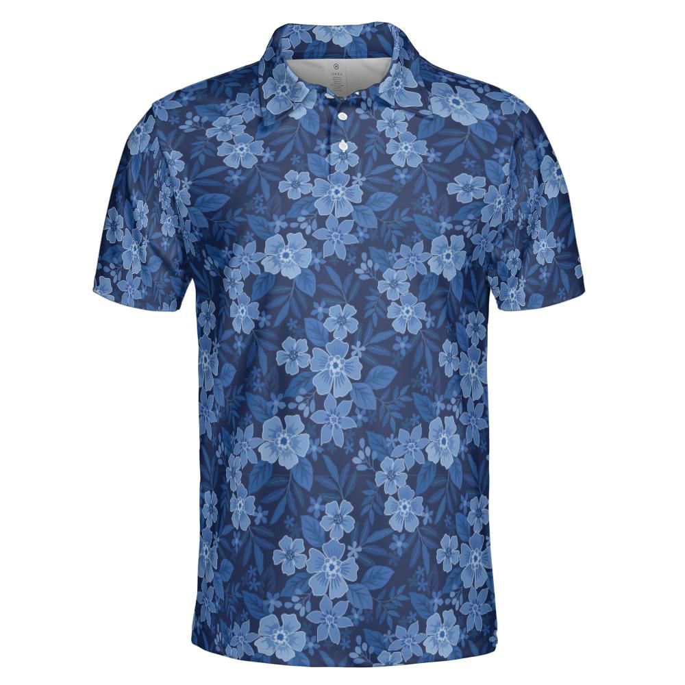 Blue Polo Golf Shirt for Men Floral Hawaiian Print Moisture Wicking Short Sleeve Top