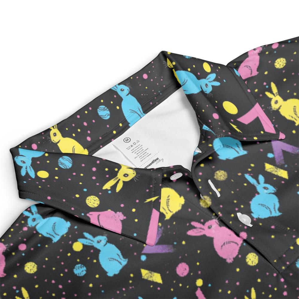 Easter Polo Golf Shirt for Men Neon Bunny Retro 80s Print Moisture Wicking Short Sleeve Top