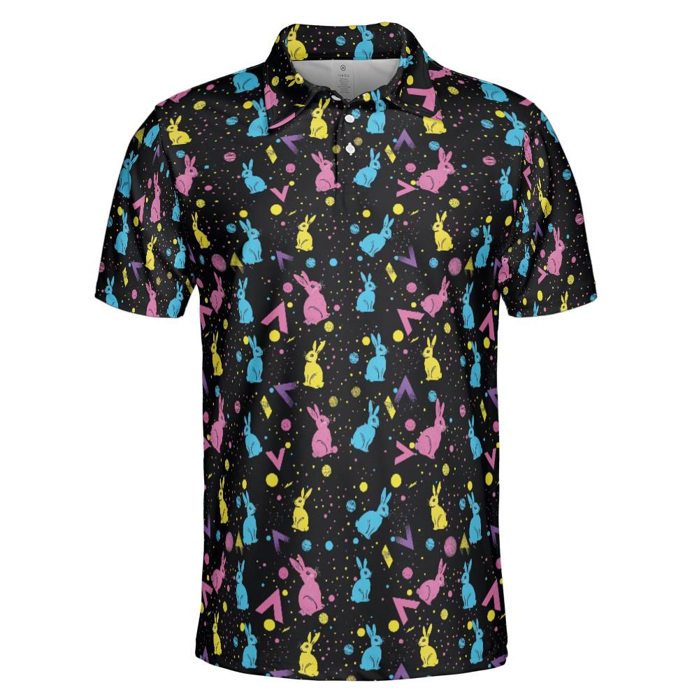 Easter Polo Golf Shirt for Men Neon Bunny Retro 80s Print Moisture Wicking Short Sleeve Top