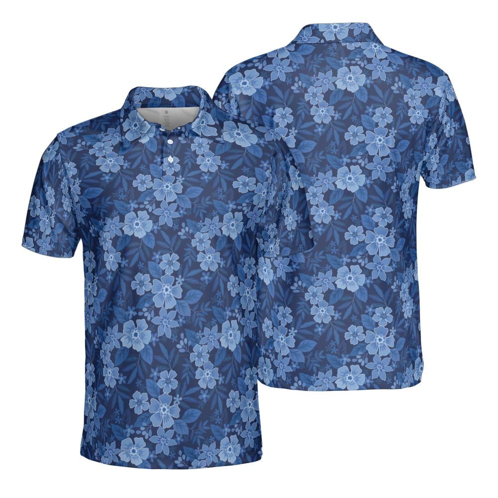 Blue Polo Golf Shirt for Men Floral Hawaiian Print Moisture Wicking Short Sleeve Top