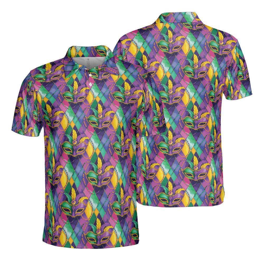Mardi Gras Polo Shirts for Men Mask Party Shirt Moisture Wicking Short Sleeve Golf Shirt