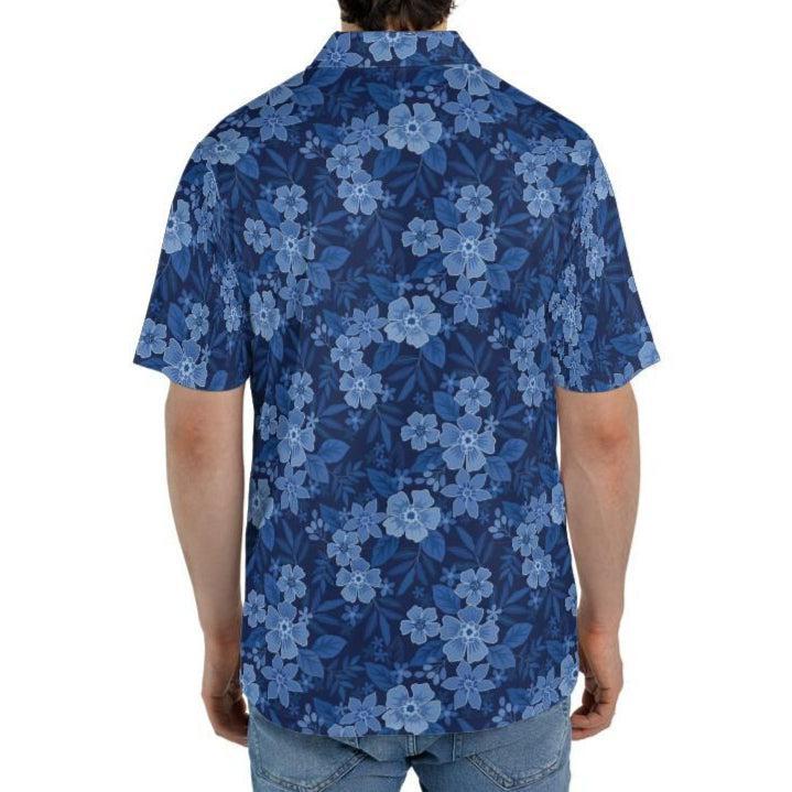 Blue Polo Golf Shirt for Men Floral Hawaiian Print Moisture Wicking Short Sleeve Top