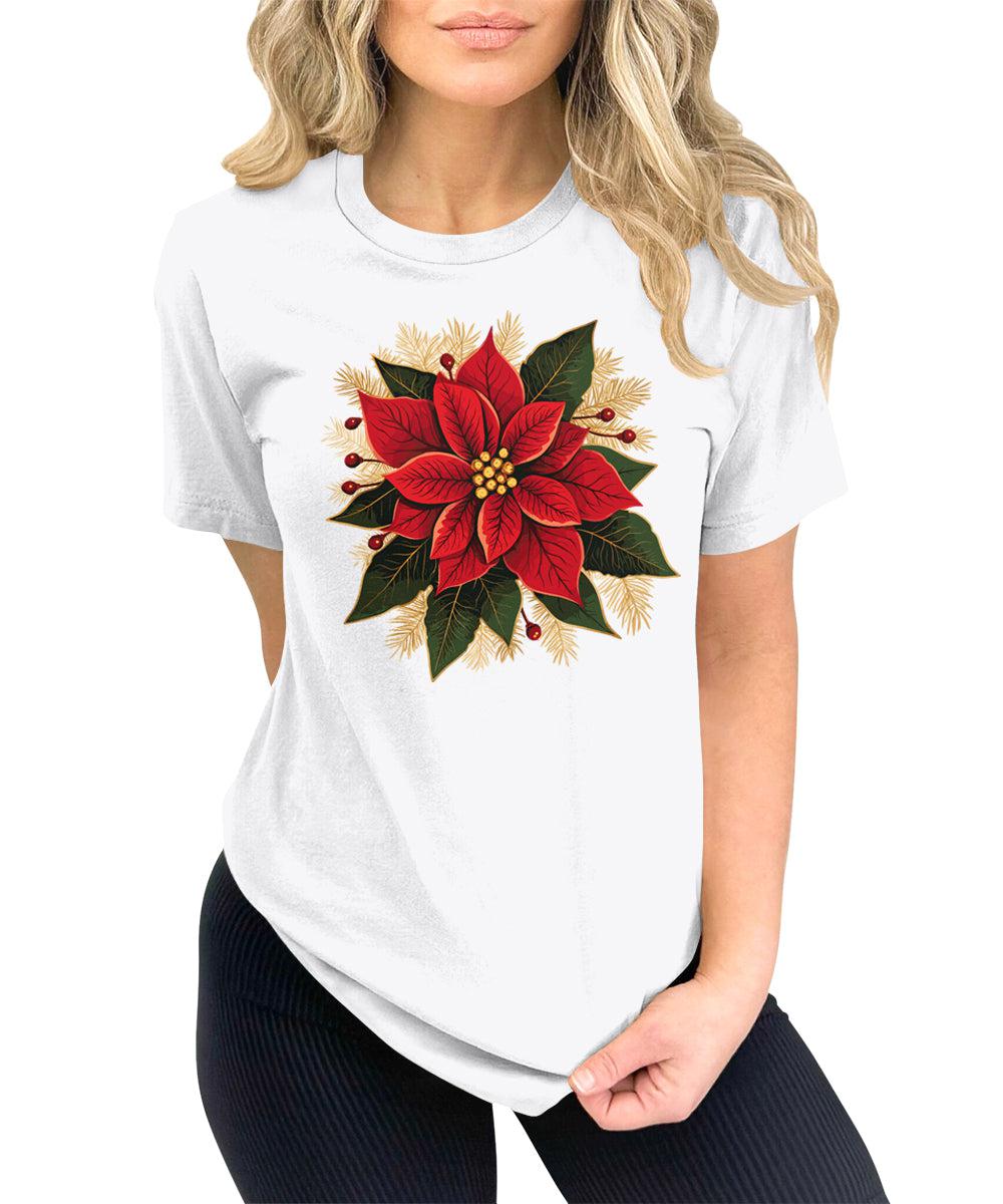 Christmas Shirts for Women Poinsettias Flower Graphic Tees Holiday Xmas Tshirts