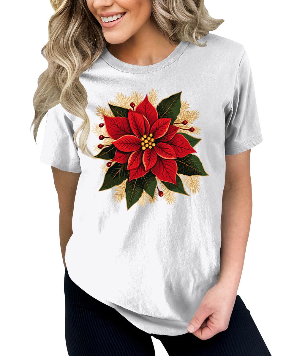 Christmas Shirts for Women Poinsettias Flower Graphic Tees Holiday Xmas Tshirts