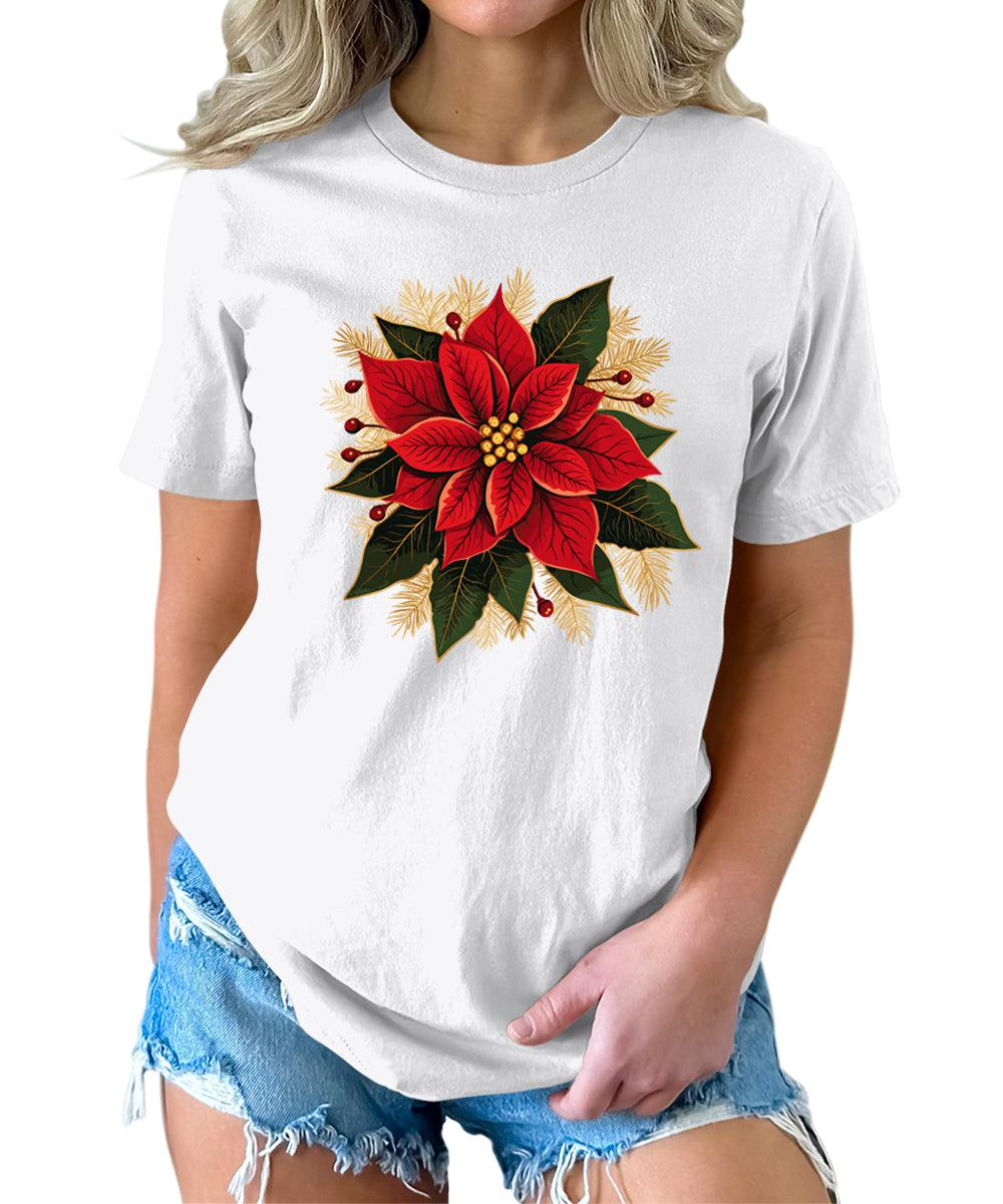 Christmas Shirts for Women Poinsettias Flower Graphic Tees Holiday Xmas Tshirts