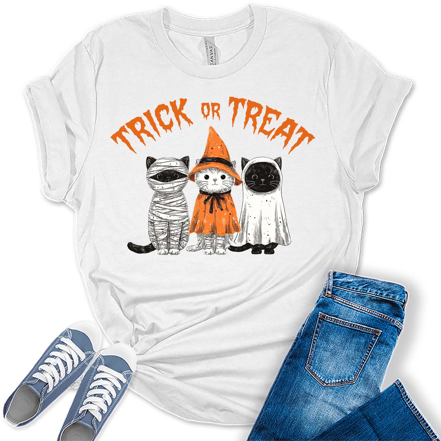Halloween Cat Shirt for Women Cute Trick or Treat Bella Graphic Tee Short Sleeve Costume Top