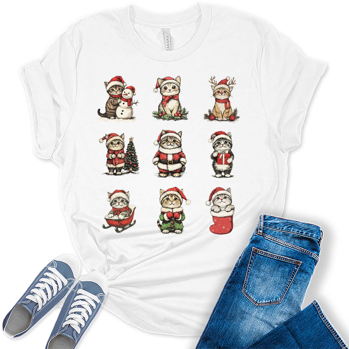 Women's Christmas Shirt Cute Funny Cat Shirt Short Sleeve Festive Holiday Graphic Tees