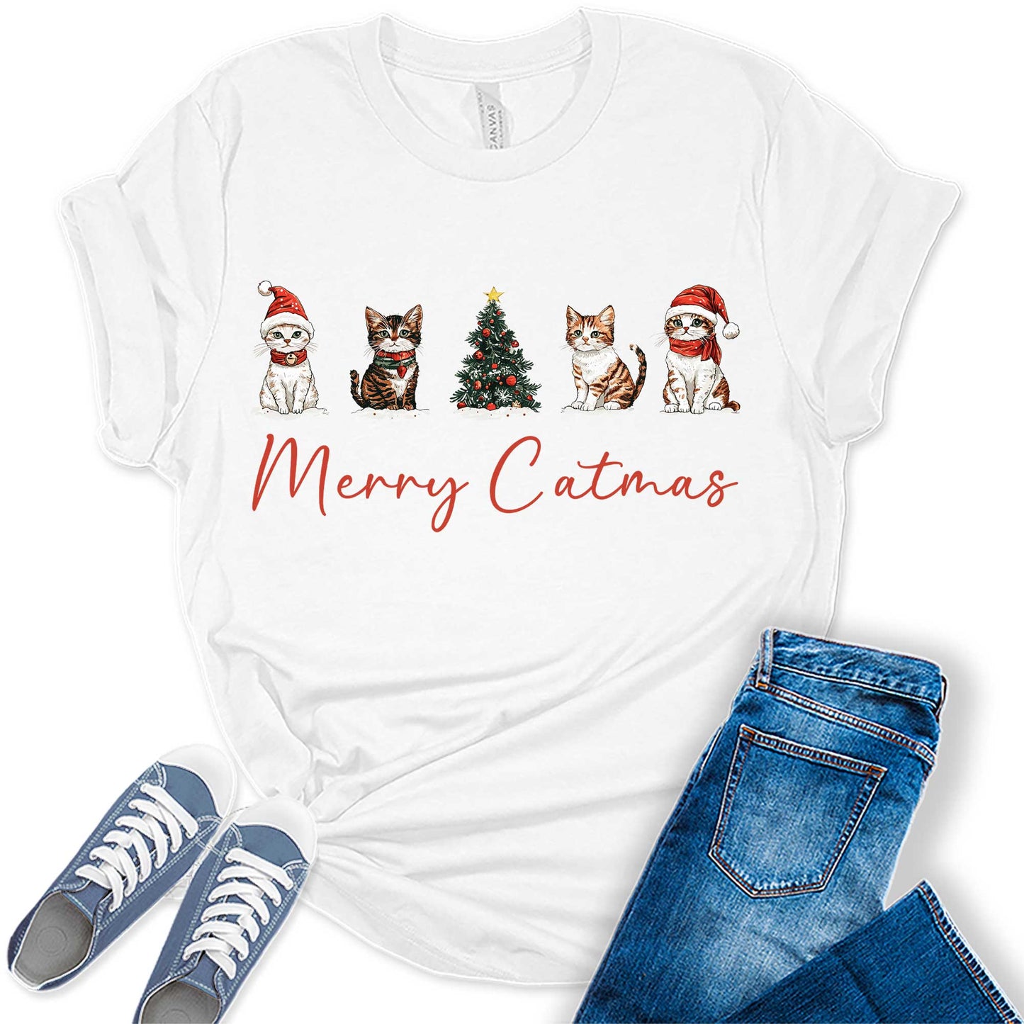Women's Cute Santa Kittens Merry Catmas Christmas Graphic Tees