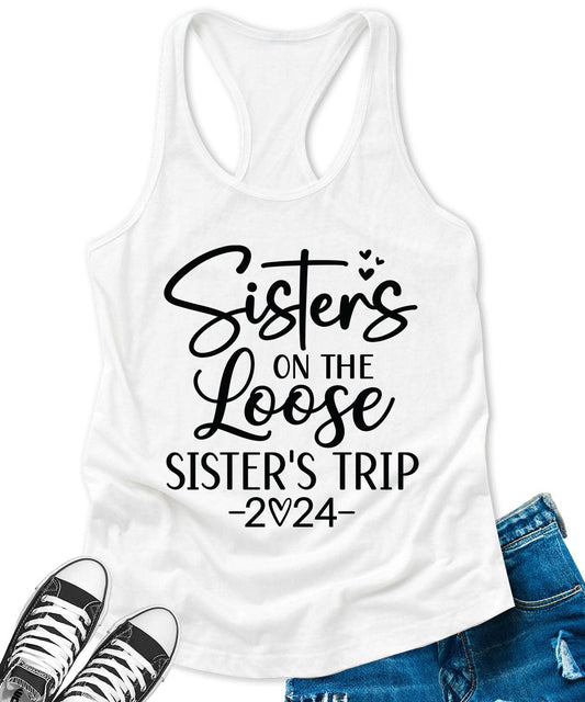 Sisters Trip 2024 Racerback Tank Top for Women Letter Print Sleeveless Summer Tops