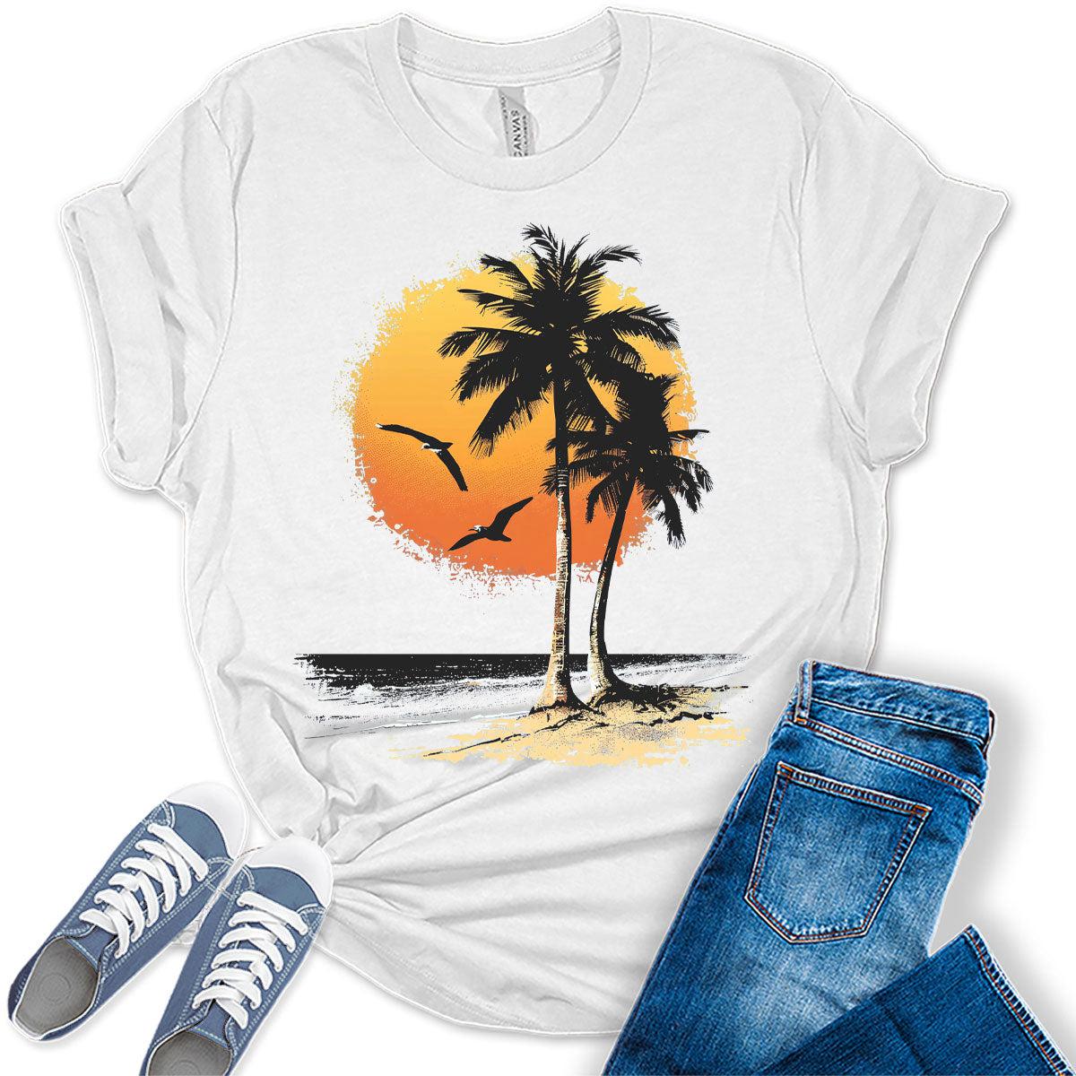 Beach Shirts for Women Palm Tree Sunset T Shirt Trendy Plus Size Summer Tops