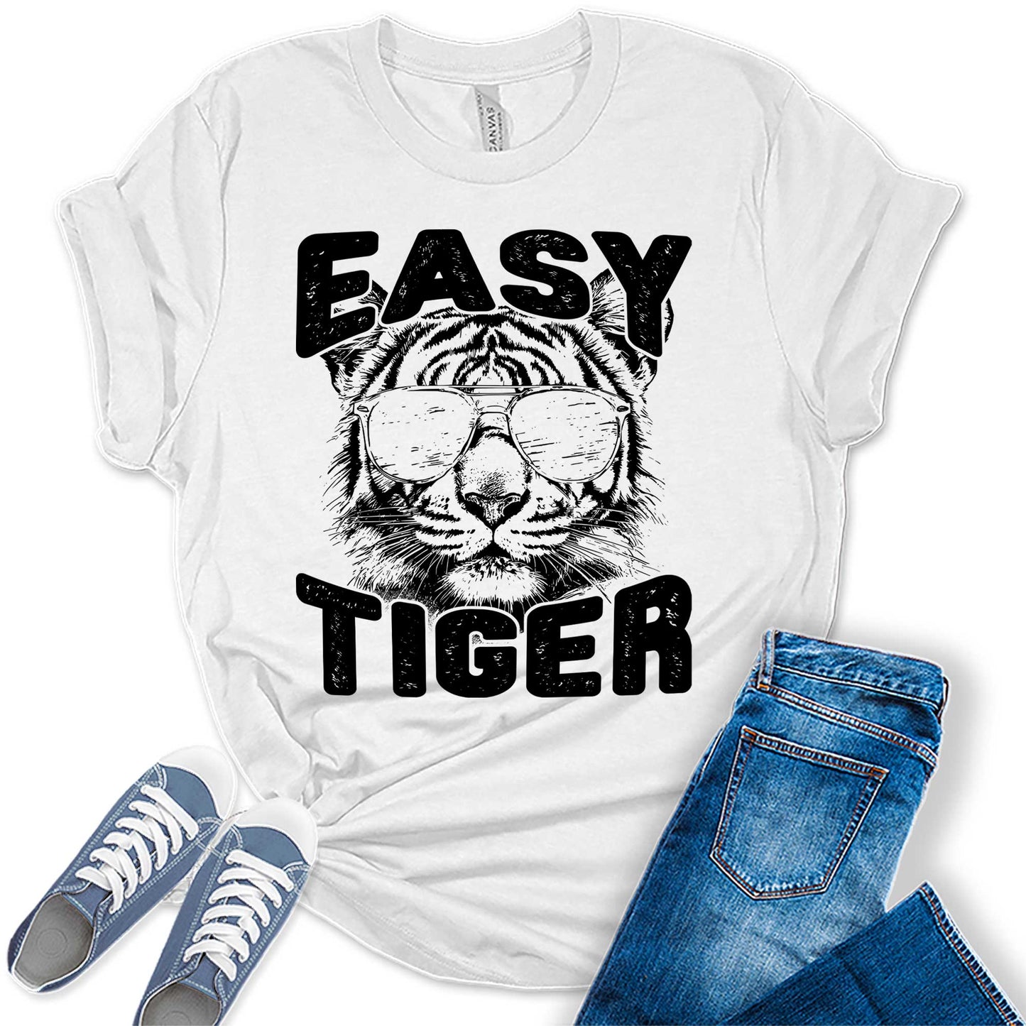 Women's Easy Tiger Shirt Funny Casual Graphic Tees Bella Plus Sized Tops