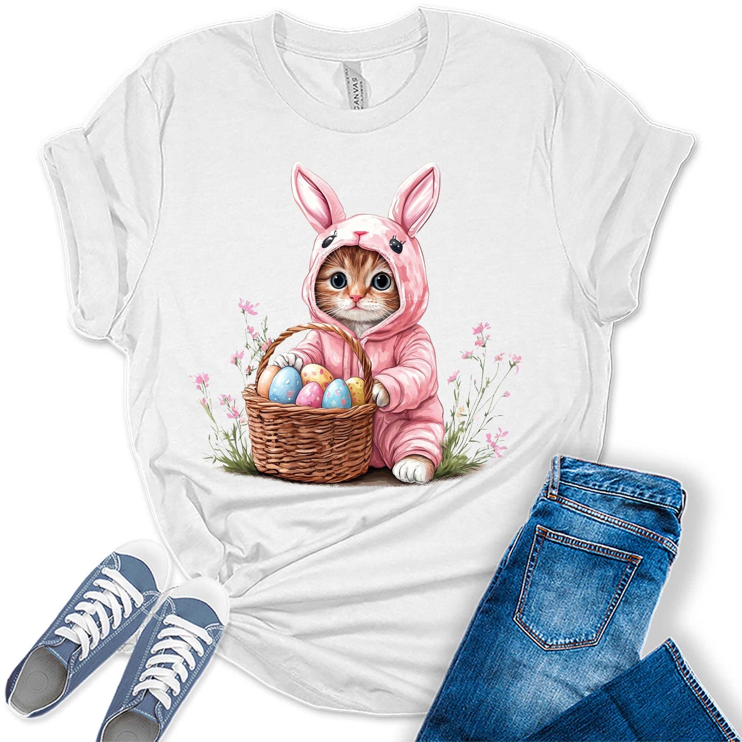 Easter Cat Shirt Cute Kitten in Bunny Costume with Egg Basket Spring Holiday Tee