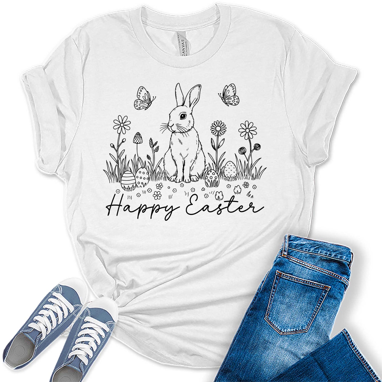 Women's Happy Easter Shirt Cute Trendy Casual Graphic Tees Bella Plus Sized Tops