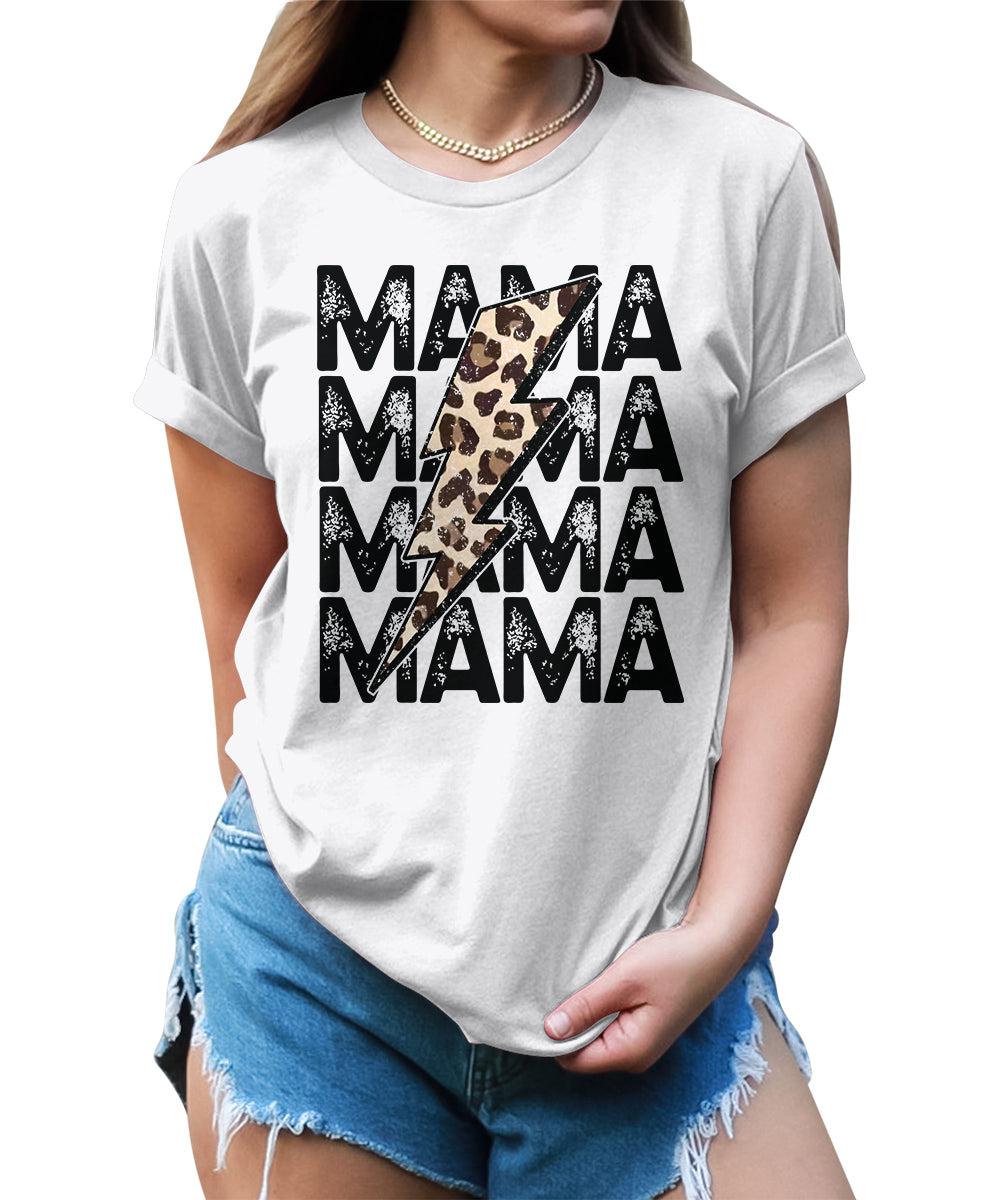 Mama Shirt Cute Thunder Leopard Letter Print Graphic Tees for Women Retro Tops