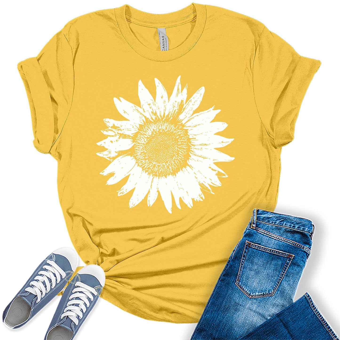 Women's Summer Short Sleeve Cute Sunflower Graphic Printed Tee Vintage T Shirt Cotton Tops Novelty Shirts